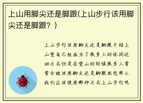 上山用脚尖还是脚跟(上山步行该用脚尖还是脚跟？)
